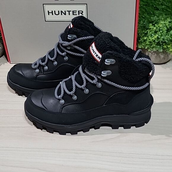 Hunter Explorer Mid Lace Leather Boots - Black 6 M New